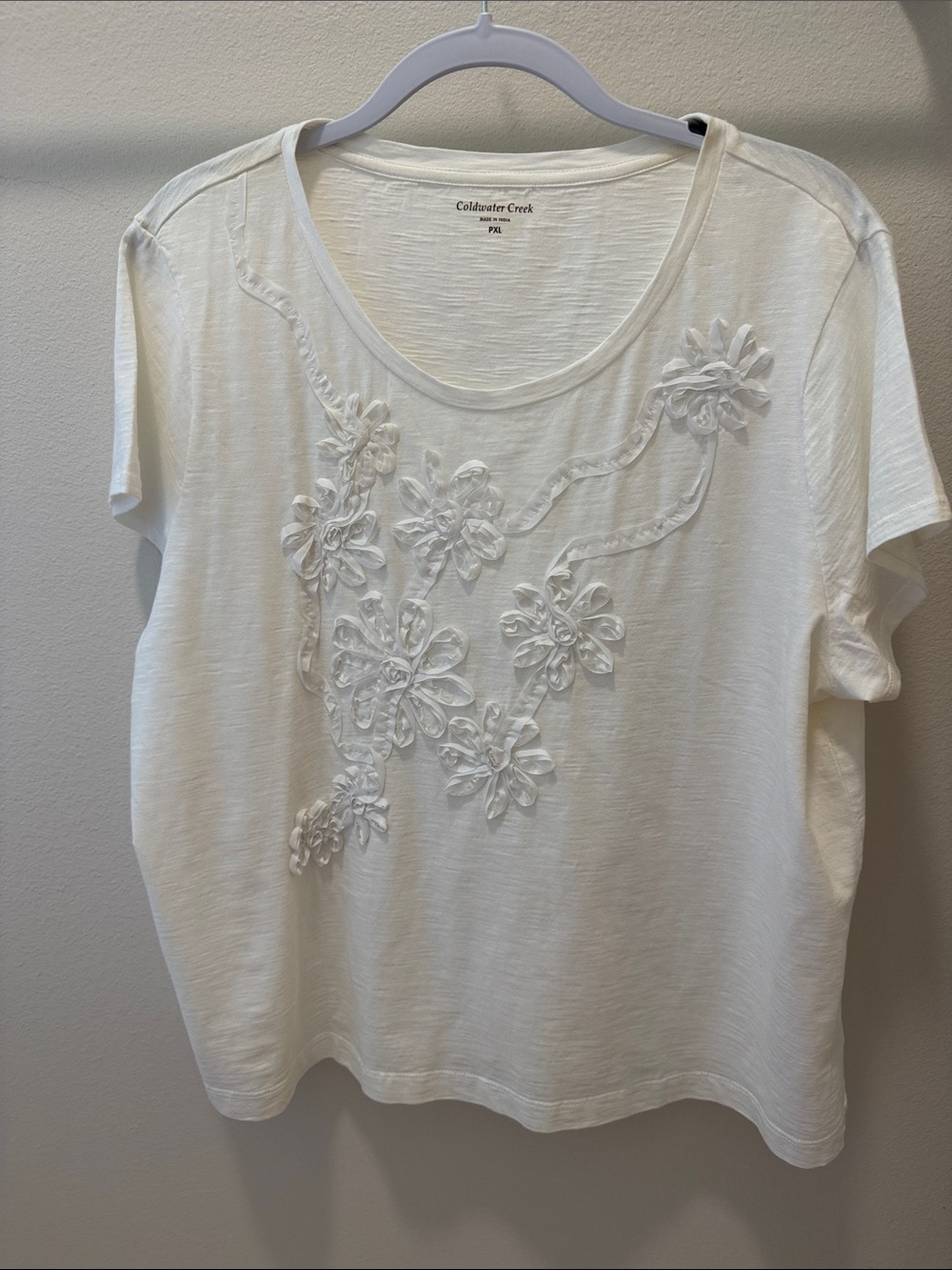 Coldwater Creek White Short-Sleeve Tee with 3D Floral Appliqué PXL